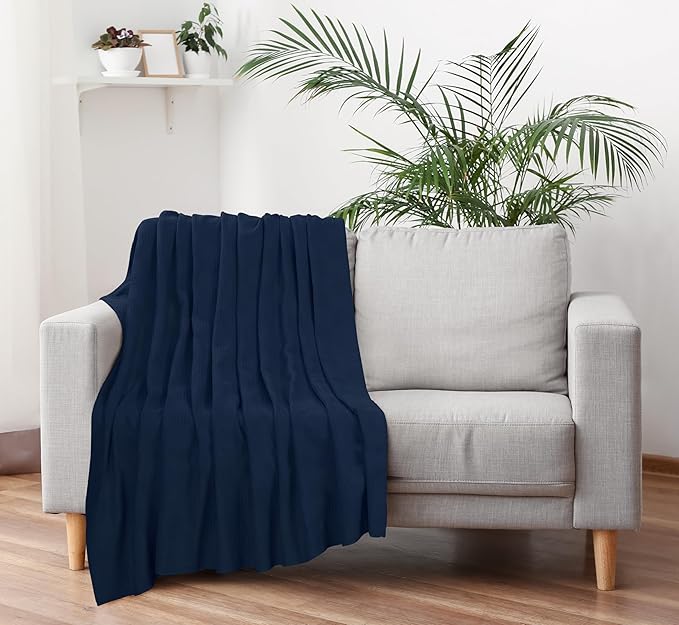 Utopia Bedding Navy 100% Cotton Blanket [Throw Size - 60x50 Inch] 350GSM Lightweight, Soft and Breathable Thermal Blanket for All Seasons
