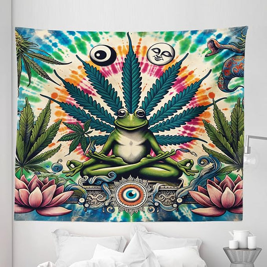 Ambesonne Trippy Tapestry King Size, Jumble Composition of Frog Featuring Tie Dye Effect Esoteric Floral Eyes, Wall Hanging Bedspread Bed Cover Wall Decor, 104" X 88", Multicolor Fern Green