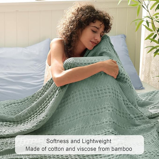 PHF Cooling Waffle Blanket King Size, Lightweight 60% Rayon Derived from Bamboo & 40% Cotton Breathable Blanket for Hot Sleepers, Soft and Luxury for Bed Couch and Sofa, 104"x90", Sage Green