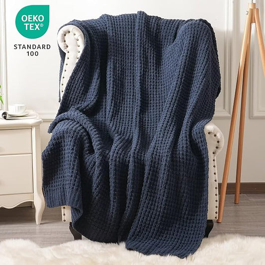 PHF Chenille Waffle Knit Blanket Twin Size- Plush Warm & Cozy 60" x 80" Ultra Soft Blanket- Chunky Fluffy Waffle Bedding for Home Decor - Navy Blue