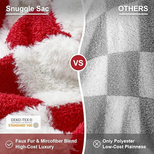 Snuggle Sac Faux Fur Checkered Blanket Twin Size with Soft Knitted Microfiber Fabric,Cozy Soft Warm Blanket for Sofa Bedroom Living Room, Red Checker,60x80 inches