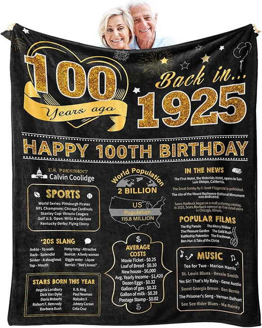 Birthday Gifts for 100 Year Old Woman, 100th Birthday Gifts for Women Men, 100th Birthday Gift Ideas Throw Blanket 60x50 Inch, Happy 100th Birthday Decorations for Women Men, 1925 Birthday Gifts