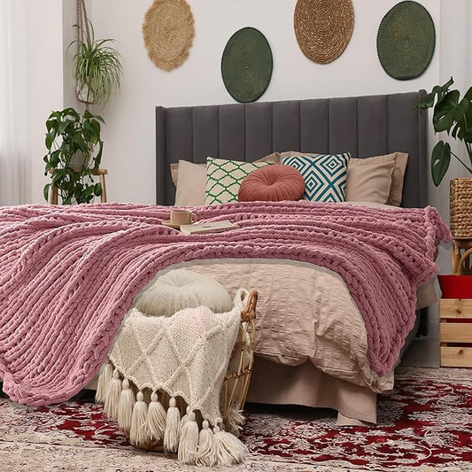 Light Pink Throw Blanket, 40" x 50" Chunky Knit Blanket, Handmade Warm & Soft Chenille Throw Blanket, Washable Decorative Knit Blanket with Jumbo Chenille Yarn for Couch Bed Sofa