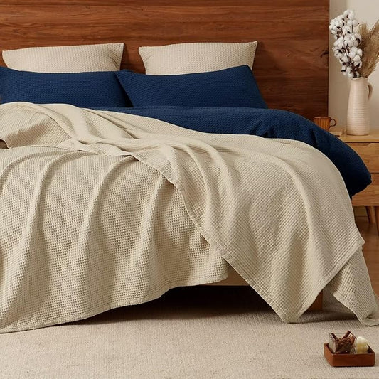 PHF 100% Cotton Waffle Muslin Blanket Twin Size, 66" x 90" Lightweight and Breathable Washed Cotton Blanket, Aesthetic Soft Muslin Waffle Bedding for Sofa Bed Home Decor, Oak