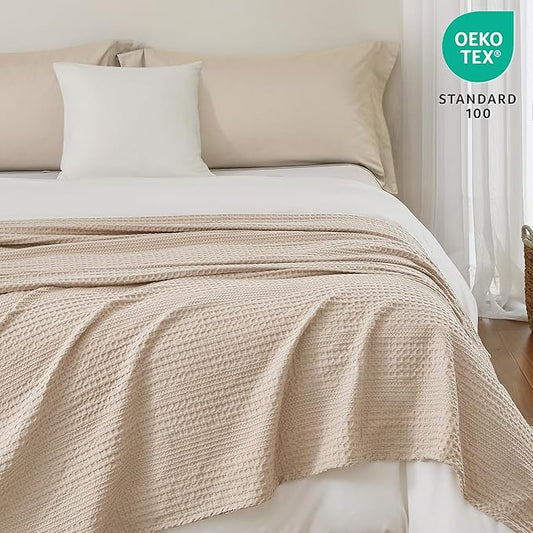 PHF Lightweight Waffle Weave Blanket King Size, Breathable & Ultra Soft, 104"x 90" Soft & Cozy Thin Blanket, Perfect for Summer & Hot Sleepers, Bed, Home Decor - Light Tan