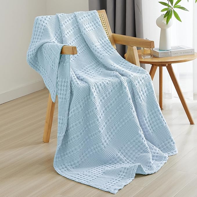 PHF 100% Cotton Waffle Weave Throw Blanket, Soft Lightweight Breathable Cozy Summer Throws for Couch Bed Sofa, Luxury Aesthetic Woven Blanket for Home Decor & Office, 50"x60", Baby Blue