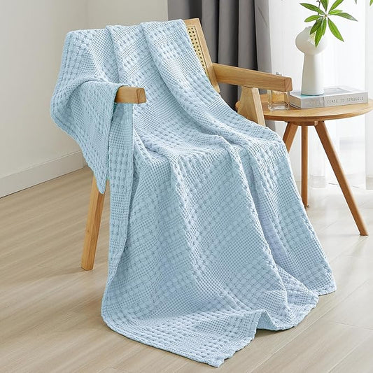 PHF 100% Cotton Waffle Weave Throw Blanket, Soft Lightweight Breathable Cozy Summer Throws for Couch Bed Sofa, Luxury Aesthetic Woven Blanket for Home Decor & Office, 50"x60", Baby Blue