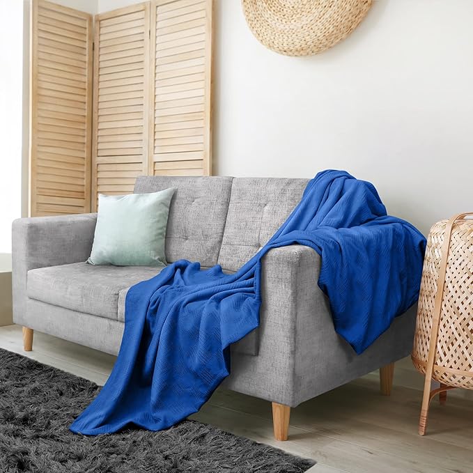 Utopia Bedding Royal Blue 100% Cotton Blanket [Queen Size - 90x90 Inch] 350GSM Lightweight, Soft and Breathable Thermal Blanket for All Seasons
