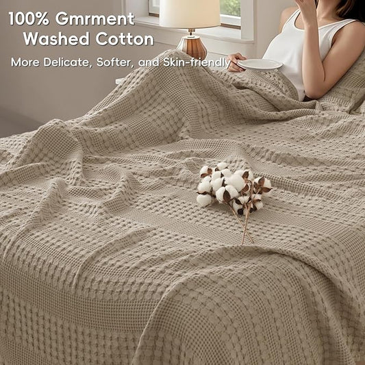 PHF 100% Cotton Waffle Weave Blanket Twin Size, Soft Lightweight Breathable Cozy Summer Blankets for Bed, Luxury Aesthetic Woven Bedding for Home Decor, 66"x90", Simply Taupe