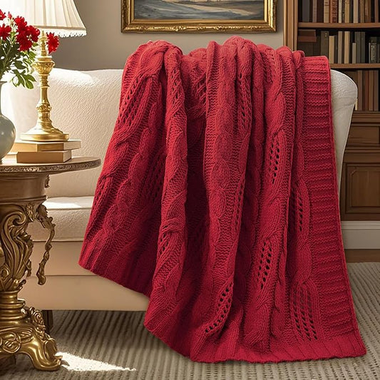 Amélie Home Chunky Knit Chenille Throw Blanket, Breathable Cable Knitted Blanket for Couch, Farmhouse Decorative Throw for Sofa Chair Bed, 50"x60", Red