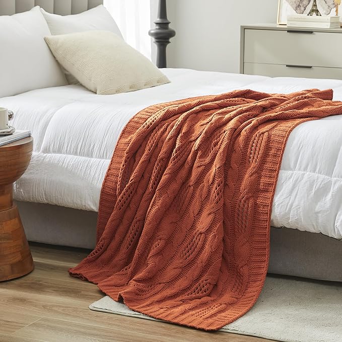 Amélie Home Chunky Knit Chenille Throw Blanket, Breathable Cable Knitted Blanket for Couch, Farmhouse Decorative Throw for Sofa Chair Bed, 60"x80", Burnt Orange