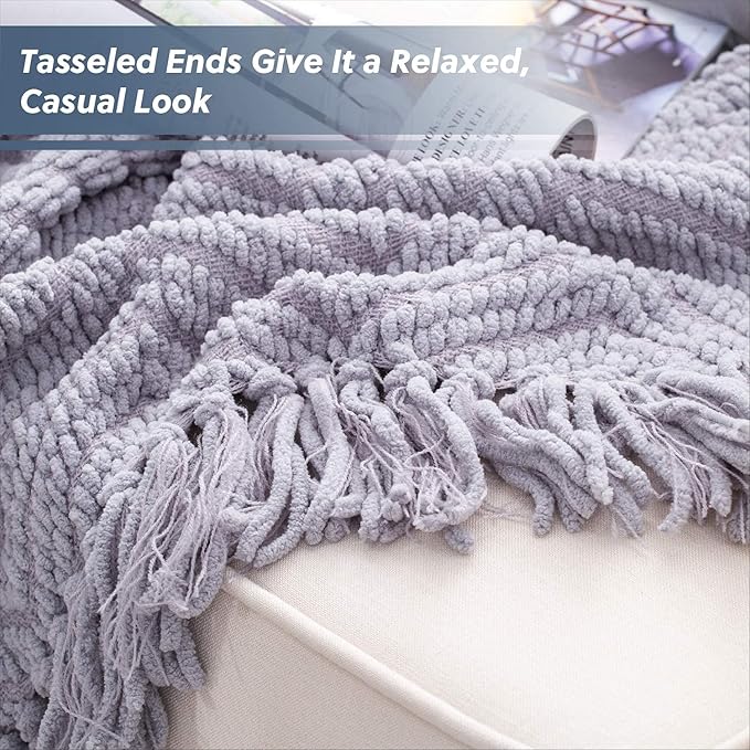 Bedsure Throw Blankets for Couch - Textured Chunky Knit Woven Chenille Blanket - Super Soft, Warm Decorative Boho Throw with Tassels for Bed, Sofa and Living Room Decor, Grey, 60x80 Inches