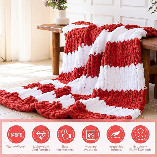 Chunky Knit Blanket - Luxury Soft Cozy Queen Size(50 * 60) Throw Blanket,100% Woven Blanket Rope Knot Throw Blanket for Couch, Sofa, Home Decor, Gift - Machine Washable（White/Wine red）
