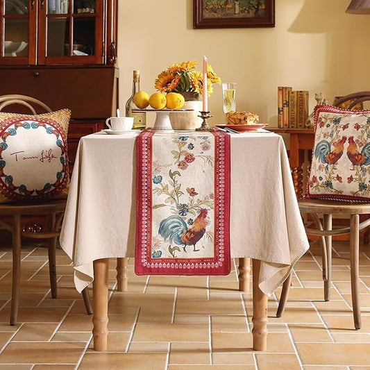 patdrea Designer Farmhouse Linen Table Runner, Rustic Cottage Mauve with Rooster and Floral Pattern Fabric Table Mat, Decoration for Kitchen Dining Coffee Table Banquet Christmas , 12"*87"