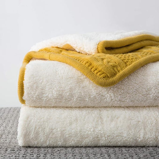 Longhui bedding Mustard Yellow Sherpa Throw Blanket - Thick, Soft, Big, Cozy Yellow Acrylic Cable Knit Fleece Blankets for Couch, Sofa, Bed - Large 60 x 80 Inches Coverlet All Season