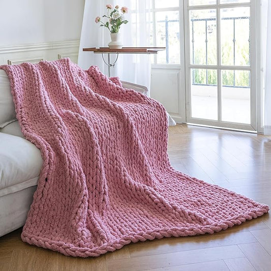 Chunky Knit Blanket - Luxury Soft Cozy Queen Size(40 * 50) Throw Blanket,100% Woven Blanket Rope Knot Throw Blanket for Couch, Sofa, Home Decor, Gift - Machine Washable（Pink）