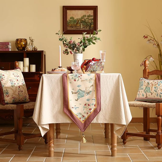patdrea Designer Idyll Linen Table Runner, Vintage Beige Farmhouse with Ancient Spring Figure and Fruit Trees Pattern Table Mat, Decoration for Kitchen Dining Banquet Christmas ,12"*87"