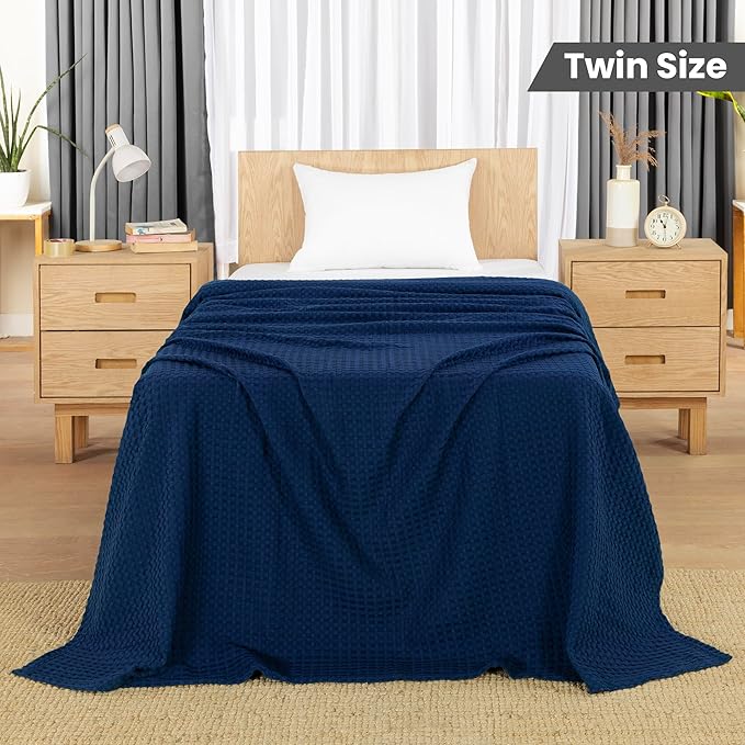 Utopia Bedding Navy 100% Cotton Waffle Blanket 300 GSM [Twin - 90x72 Inch] Soft Lightweight Breathable Bed Blanket for All Season