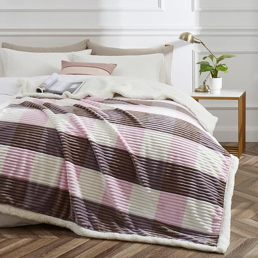 PU MEI Sherpa Blanket Twin Plaid Thick Bed Blanket, 60”*80” Super Soft Flannel Fuzzy Fleece Reversible Velvet Plush Warm Blanket for Couch(Pink Check, 60"*80")