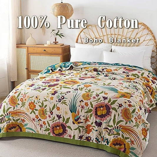 Soft Rustic Boho Quilt Fall Blanket, Farmhouse Decor, Floral Printed 100% Cotton Throw Blanket, Bohemian Style King Size Bed Blankets for All Seasons, Golden Phoenix,90"x98"