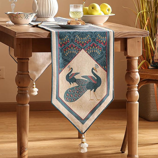 Vintage Blue Peacock Table Runner for Table,Decorative Linen 87 Inches Long Table Runners,Cheesecloth Decor Tabletop for Kitchen,Dining,Tea Party,Home,Christmas,12"*87"