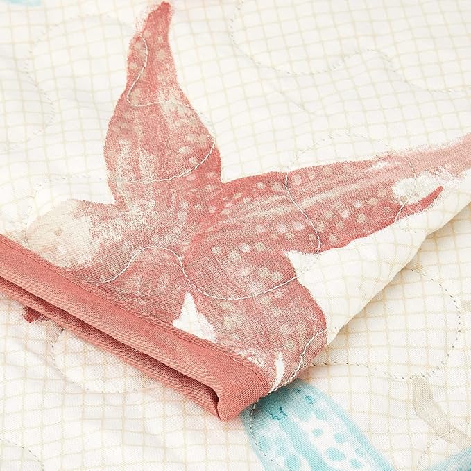 Madison Park Pebble Beach Luxury Oversized Cotton Quilted Throw Coral Aqua 50x70 Coastal Premium Soft Cozy Cotton Sateen For Bed, Couch or Sofa
