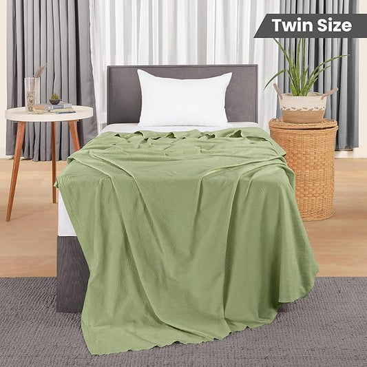 Utopia Bedding Sage Green 100% Cotton Blanket [Twin Size - 90x72 Inch] 350GSM Lightweight, Soft and Breathable Thermal Blanket for All Seasons