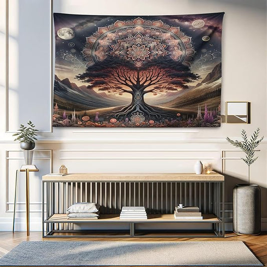 Ambesonne Hippie Tapestry, Scandi Myth Tree of Life and Trippy Floral Motif with Space Landscape, Wide Wall Hanging for Bedroom Living Room Dorm, 60" X 40", Dark Slate Blue Indigo