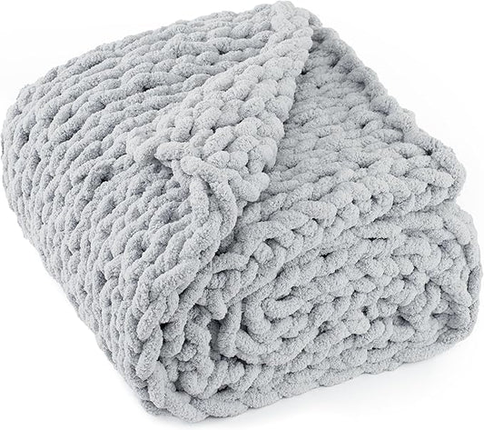 Chunky Knit Throw Blanket 60"X 80", 100% Handmade with Soft Chenille Yarn, 4.4lbs Thick Cable Knitted Blankets, Large Rope Knot Crochet Throws for Couch Sofa Bed Home Decor, Light Grey