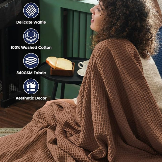 PHF Pre-Washed Cotton Waffle Weave Blanket Throw Size for Couch Bed,Snag Proof Spring Summer Lightweight Breathable,Oeko-TEX Certified,Machine Washable, Home Decor Gift，Cappuccino