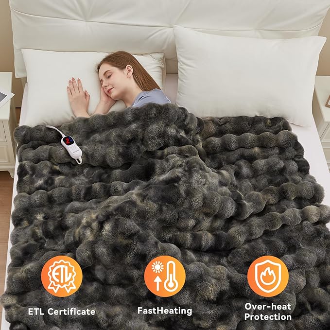 Heated Blanket Throw with 1/2/4/6/8 Hours Auto-Off 10 Heat Level, 50'' * 60'' Cozy Faux Rabbit Fur Bubble Electric Blanket with Overheat Protection(Tie-Dye Dark Grey)