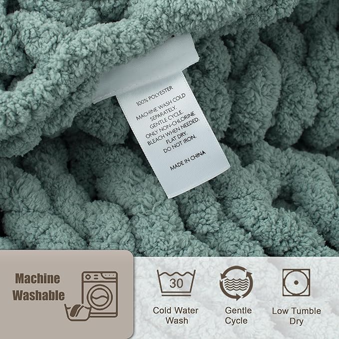 Chunky Knit Throw Blanket 60"X 80", 100% Handmade with Soft Chenille Yarn, 6.7lbs Thick Cable Knitted Blankets, Large Rope Knot Crochet Throws for Couch Sofa Bed Home Decor, Sage Green