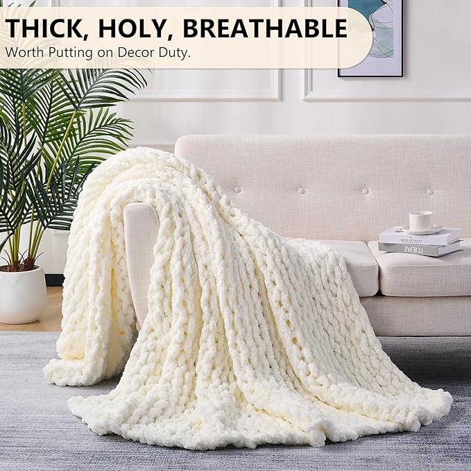L'AGRATY Chunky Knit Blanket Throw: 72''x84'' Chenille Chunky Knitted Throw Blanket for Bed Couch - Handmade Thick Big Cable Knit Blanket - Large Chunky Crochet Blanket for Home Decor(Cream White)