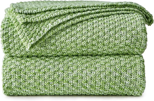 Longhui bedding Grass Green Knitted Throw Blanket for Couch - Soft, Cozy Machine Washable 100% Cotton Sofa Knit Blankets, Heavy 3.0lb Weight, 51 x 63 Inches,Grass Green and White Color.