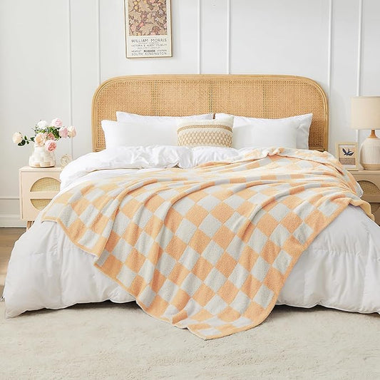 JOOJA Soft Cozy Checkerboard Peach Bed Blanket Fluffy Knit Throw Blanket Queen Size Plaid Checkered 90x90 in