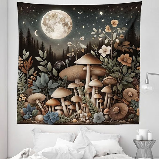 Ambesonne Aesthetic Tapestry Queen Size, Night Forest Scene with Boho Nature Mushroom Leaves Stars and Full Moon, Wall Hanging Bedspread Bed Cover Wall Decor, 88" X 88", Sepia and Grey Teal