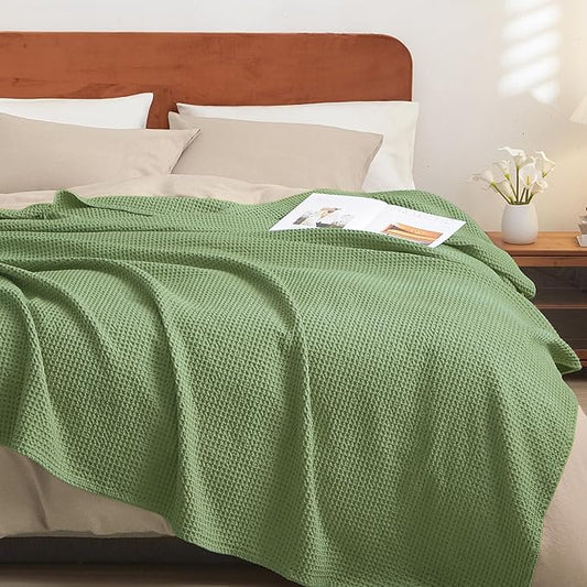 PHF Pre-Washed Cotton Waffle Weave Blanket Queen Size for Bed,Snag Proof Throw Blanket for Couch Spring Summer Lightweight Breathable,Oeko-TEX Certified,Machine Washable, Home Decor Gift，Loden Green