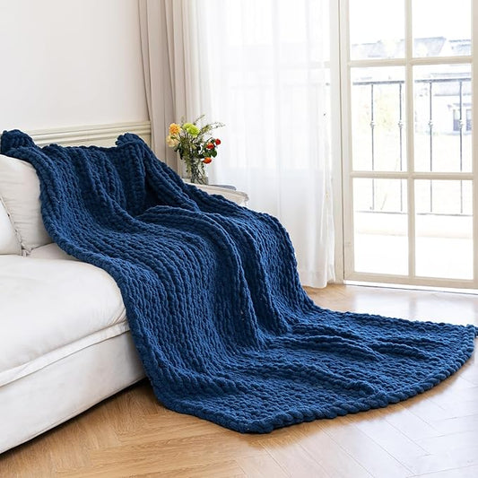Chunky Knit Blanket - Luxury Soft Cozy King Size(60 * 80) Throw Blanket,100% Woven Blanket Rope Knot Throw Blanket for Couch, Sofa, Home Decor, Gift - Machine Washable（Deep Blue）