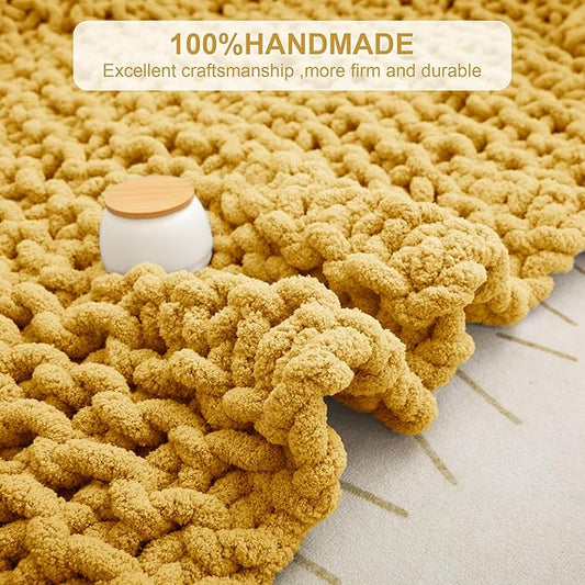 Knit Blanket 50"x60" Yellow Cream Soft Washable Chenille Throw Blanket Cozy 100% Handmade Crochet Blankets with Jumbo Chenille Yarn for Couch Bed Sofa Room Decor