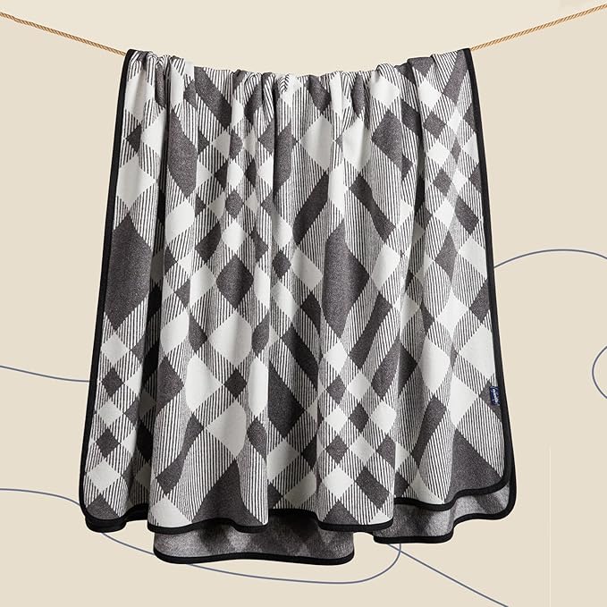 ACUSHLA Merino Wool Blanket - Soft Warm Thick Washable Large Throw Blanket for Camping Bed Couch Outdoor Travel All Weather, Scottish Plaid Grey 79X63