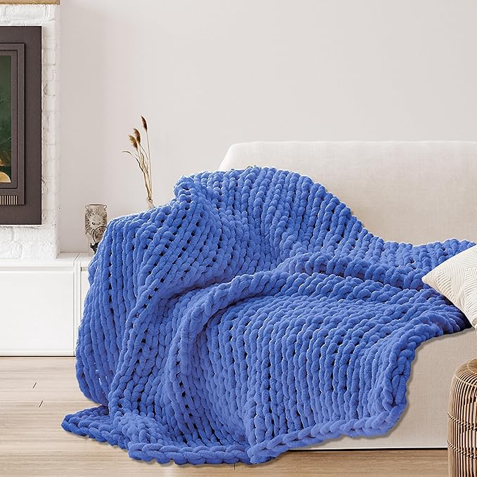 Light Blue Throw Blanket, 30" x 40" Chunky Knit Blanket, Handmade Warm & Soft Chenille Throw Blanket, Washable Decorative Knit Blanket with Jumbo Chenille Yarn for Couch Bed Sofa