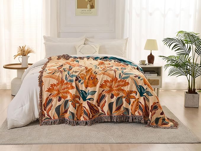 Fall Boho Throw Blanket for Couch Sofa 90"x98",100% Cotton Muslin Throw Blanket for Bed,Ultra Soft 4-Layers Woven Blanket with Floral Printed for All Season,Farmhouse Throws Bed Chair Cover