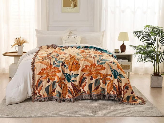Fall Boho Throw Blanket for Couch Sofa 90"x98",100% Cotton Muslin Throw Blanket for Bed,Ultra Soft 4-Layers Woven Blanket with Floral Printed for All Season,Farmhouse Throws Bed Chair Cover
