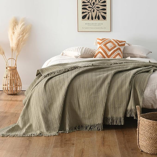 100% Cotton Waffle King Blanket with Fringe 104"x90", Pre-Washed Waffle Weave Blanket for All Season, Lightweight Breathable Soft Cozy Throw Blanket for Couch, Bed, Travel (Sage Green)