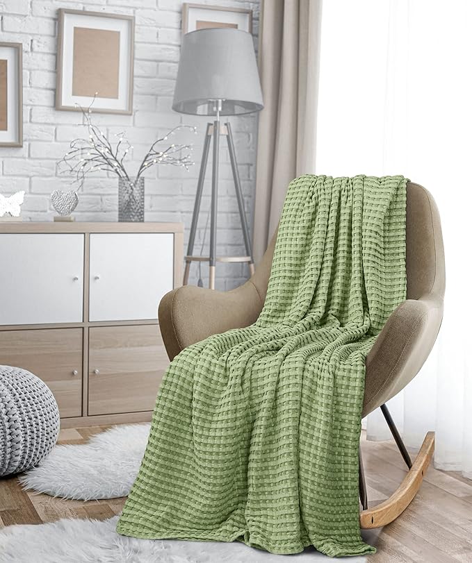 Utopia Bedding Sage Green 100% Cotton Waffle Blanket 300 GSM [King - 90x108 Inch] Soft Lightweight Breathable Bed Blanket for All Season