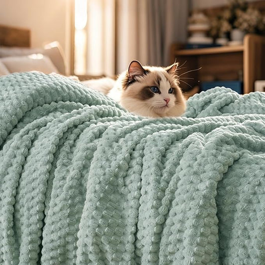 PHF Ultra Soft Flannel Fleece Blanket Queen Size, Lightweight 3D Jacquard Fleece Blanket, No Shedding, No Pilling, Luxury 340GSM Aesthetic Fluffy Cozy for Bed Room Decor, 90"x90", Sage Green