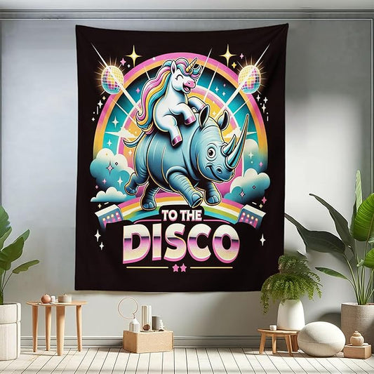 Ambesonne Funny Tapestry Twin Size, Whimsical Colorful to the Disco Lettering Cheery Unicorn Riding a Wild Animal, Wall Hanging Bedspread Bed Cover Wall Decor, 68" X 88", Black Multicolor