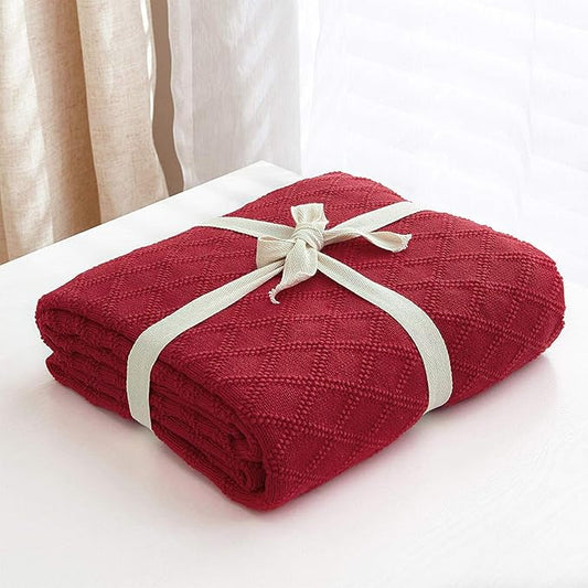 Longhui bedding Cotton Wine Red Cable Knit Throw Blanket for Couch Chairs Bed Beach, Home Decorative Knitted Blanket, 50 x 60 Inch with a Washing Bag,Silk Bow Tie Package