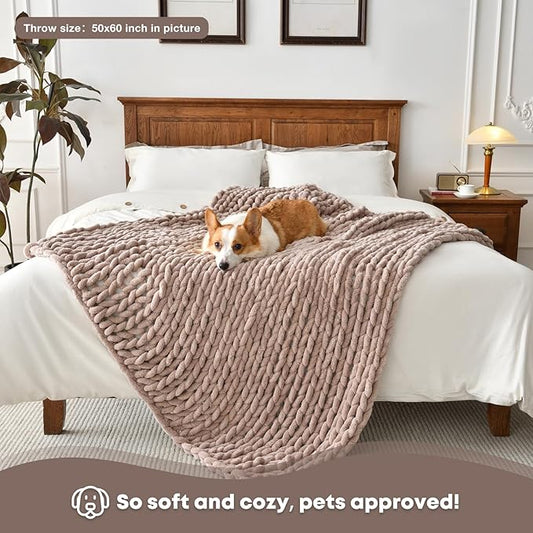 Soft Chunky Knit Blanket, 60X80 in Handmade Thick Chenille Yarn Throw Without Shedding & Raveling, Aesthetic & Cozy Home Decor with Couch Sofa Bed, Gift Pack, Choffee Brown