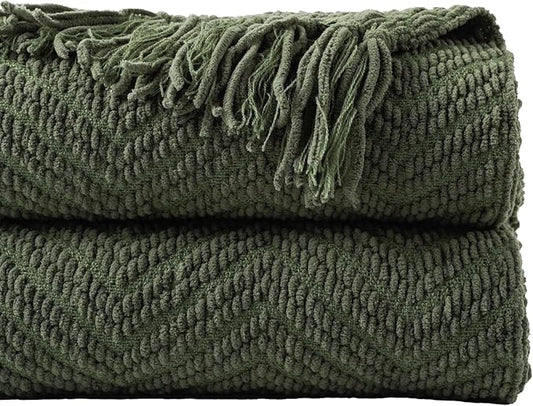 BATTILO HOME Olive Green Throw Blanket for Couch, Knit Throw Blanket,Super Soft Warm Home Decor Throw Tassels Bed,Sofa and Living Room,50" x 60"